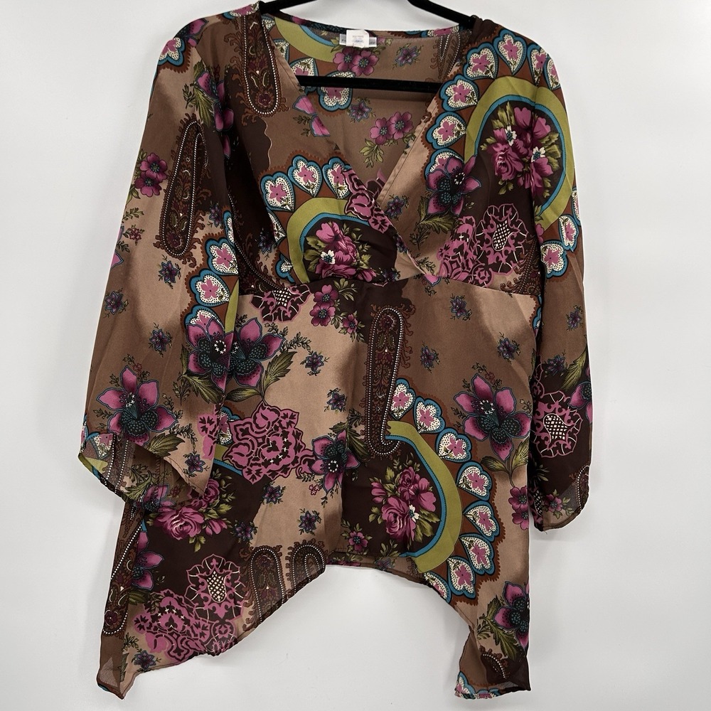 VTG Fashion Bug Womens Asymmetrical Forest Fairy Top Size L Brown Floral Paisley
